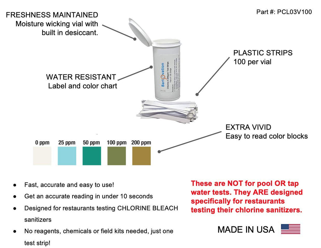 Restaurant Chlorine Sanitizer Plastic Test Strips, 0-200 ppm [Moisture Wicking Vial of 100 Strips]
