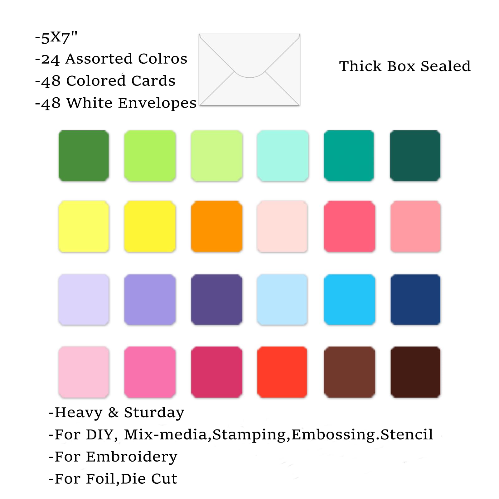 48 Pack Blank Folded Cards and Envelopes Colored Cards White Envelopes 5 x 7 Inch Colorful Greeting Cards 24 Assorted Colors Heavy Weight for Greeting,Invitation,Card Making
