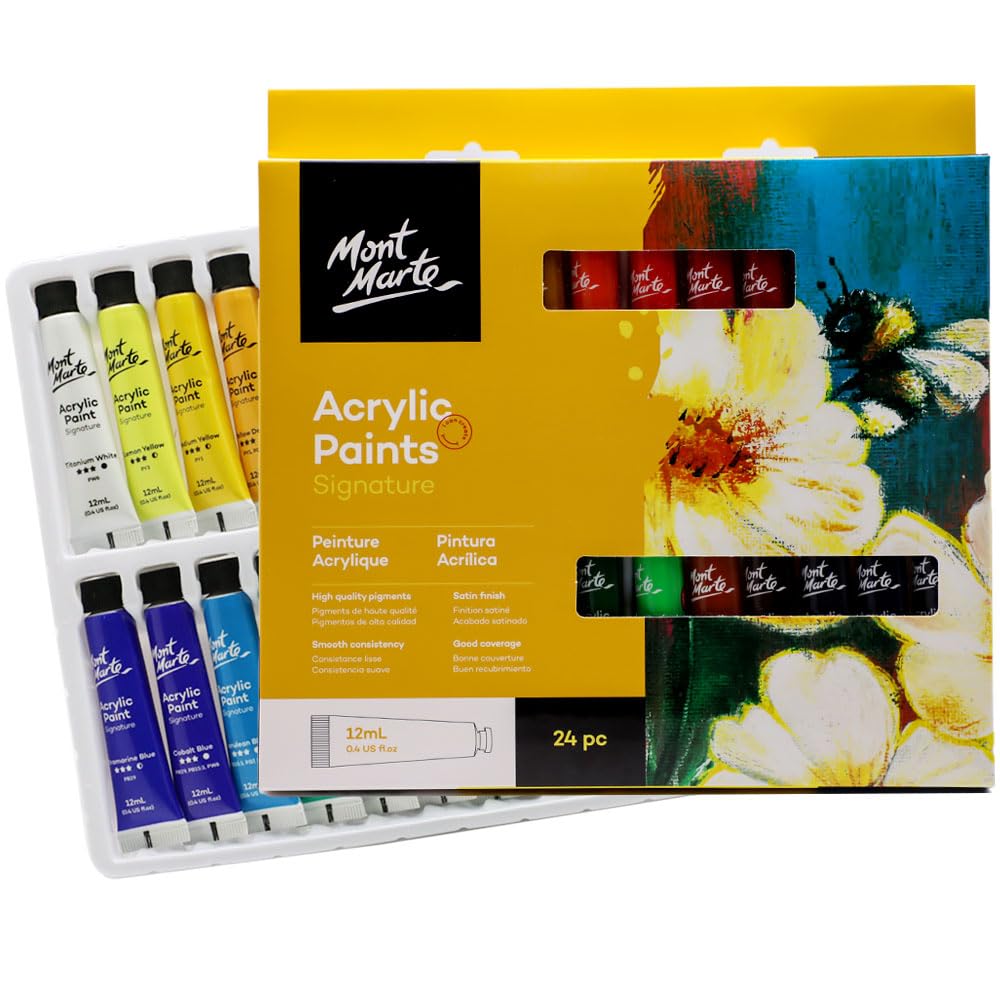 Mont Marte Acrylic Paint 24 Colours x 12ml Tubes, Semi-Gloss Finish, Suitable for a Variety of Painting Styles