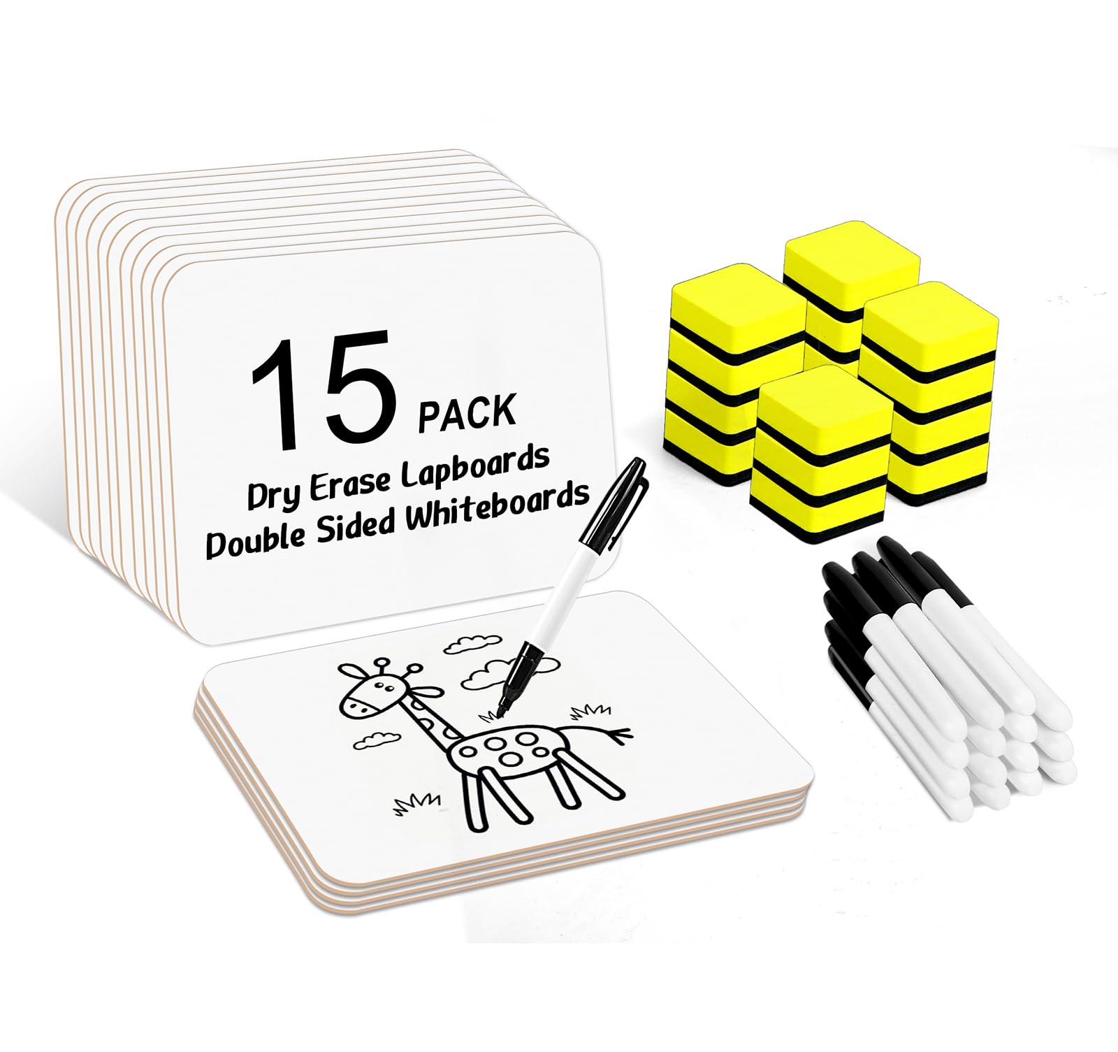 Dry Erase Lapboards, HERKKA 15 Pack Double Sided Dry Erase Lap Boards 9 x 12.5 Inch, 15 Markers, 15 Erasers, Small Dry Erase Boards for Students Classroom Teacher Supplies