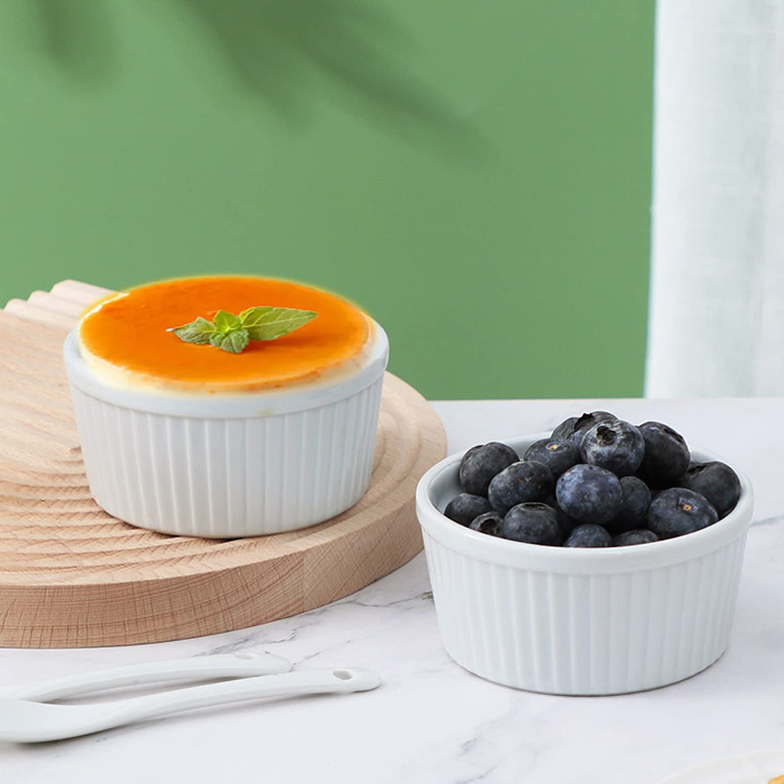 BPFY Set of 6 4 oz White Porcelain Ramekins Bakeware, Ceramic Souffle Dishes, Baking Cups for Custards, Pudding, Creme Brulee, French Onion Soup Bowls