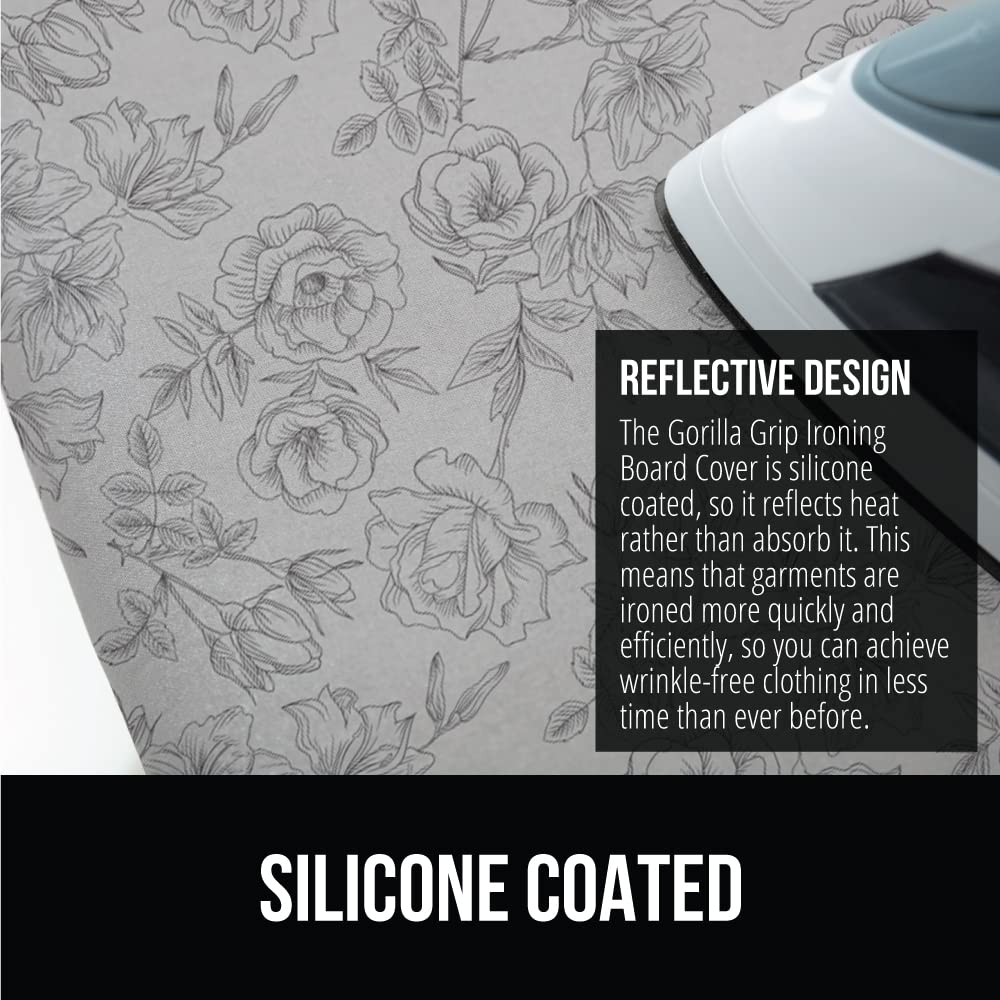 GORILLA GRIP Reflective Silicone Ironing Board Cover, Resist Scorching and Staining, 15x54, Hook and Loop Fastener Straps, Pads Fit Large and Standard Boards, Elastic Edge, Thick Padding, Gray Floral