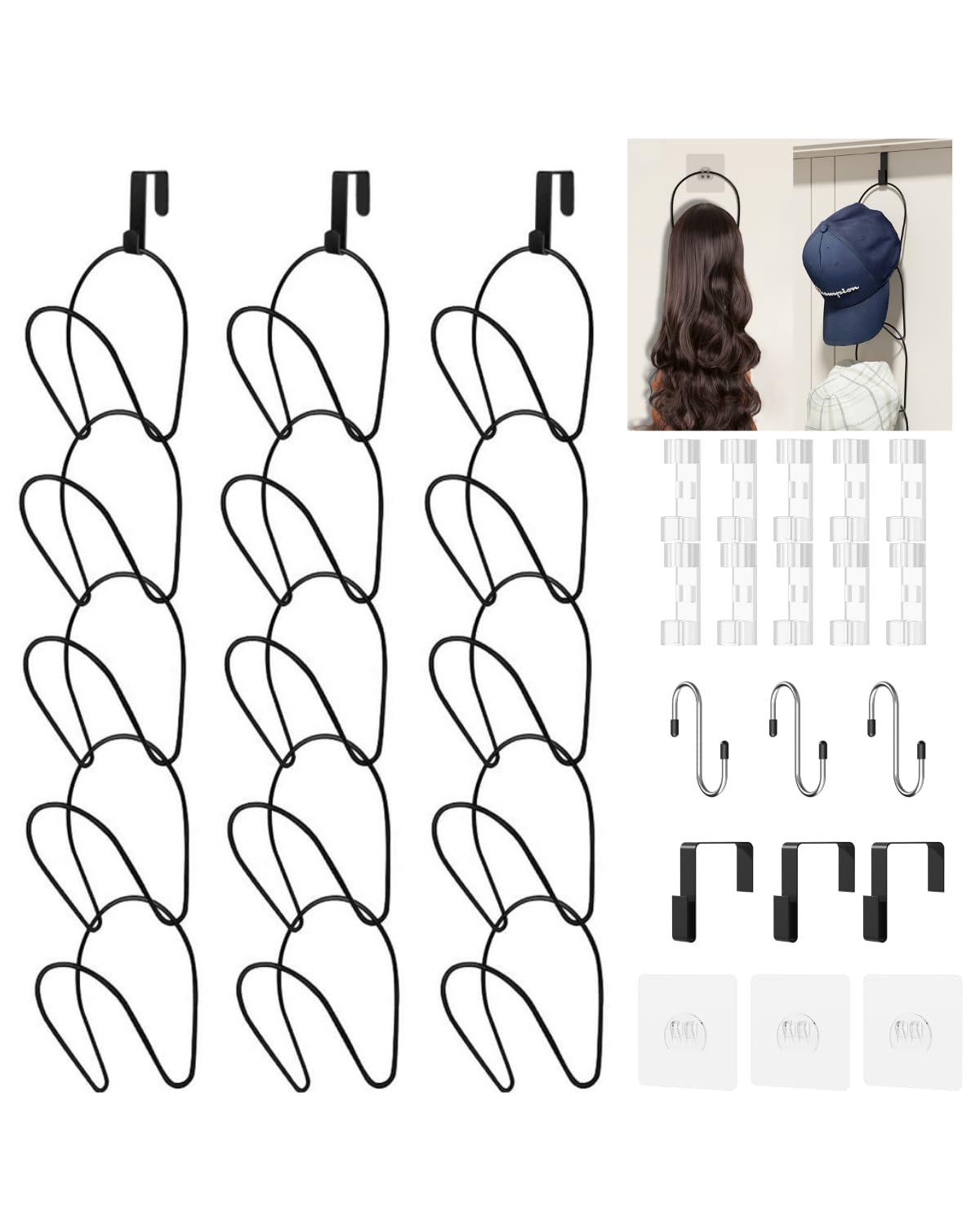 LINFIDITE 15 Pack Hat Rack Hanger Organizer Closet Hanging Baseball Cap Display Storage Rack Over Door Wall Mounted for Scarves Handbags Towels Clothes Ties w Hanging Hook Black