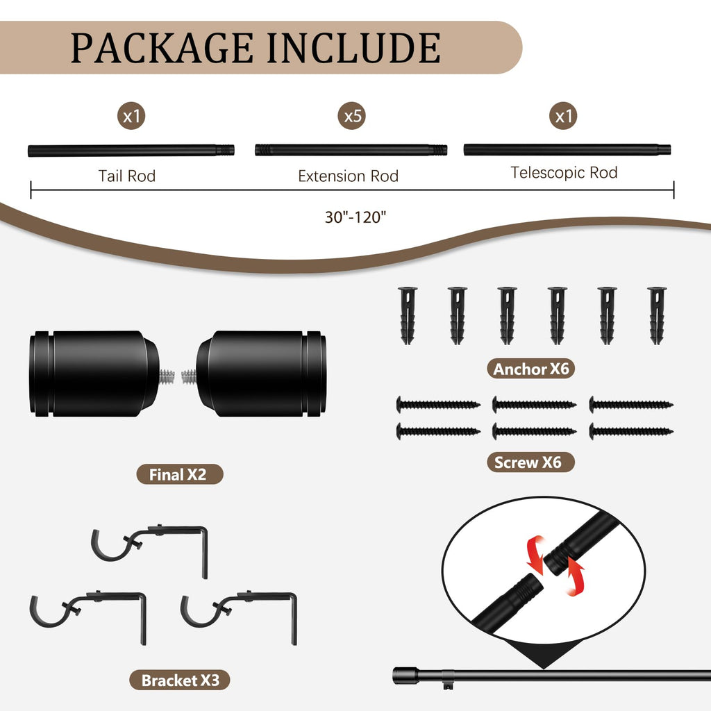 1 Inch Diameter Curtain Rod for Windows 84-120 Inch Extra Long Matte Black Curtain Rods with Brackets Adjustable Pole Heavy Duty Curtains Rod for Patio Kitchen Bedroom Living Room Outdoor