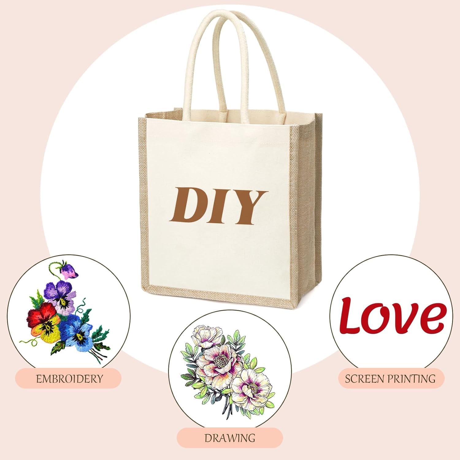 SOUJOY 6 Pack Burlap Tote Bags, 23×25 cm Small Beach Bags, Reusable Jute Gift Tote with Handles, Canvas Grocery Shopping Tote for Bridesmaid, DIY, Shopping, Pool, Wedding Bag