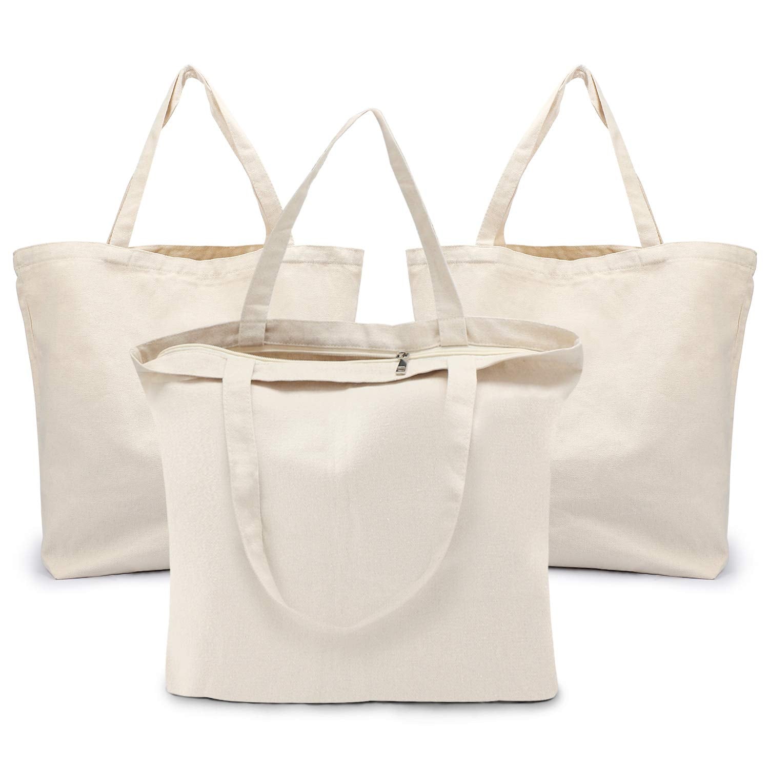 Blank Tote Canvas Bag with Zipper, 3pcs Segarty Cotton Bags with Handles, 12oz Heavy Duty Reusable Washale Grocery Shopping Bags Plain Bags for Women Teacher Kids DIY Art Craft Painting Embroidery