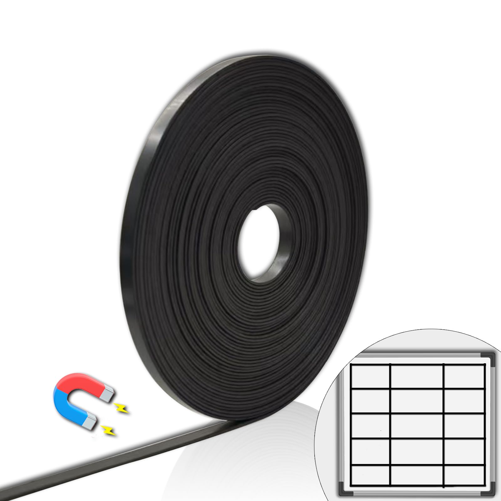 Magnetic Tape Roll Thin Strip, 1/5 Inch x 33 Feet Magnet Tape Line for Classroom Office, Magnetic Boarders for Witeboard (Black)