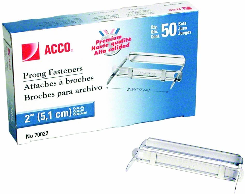 ACCO Premium Prong Fastener Sets for 2-Hole Punch, 2-Inch Capacity, 2-3/4 inch Center-to-Center, Box of 50 (5050570022)