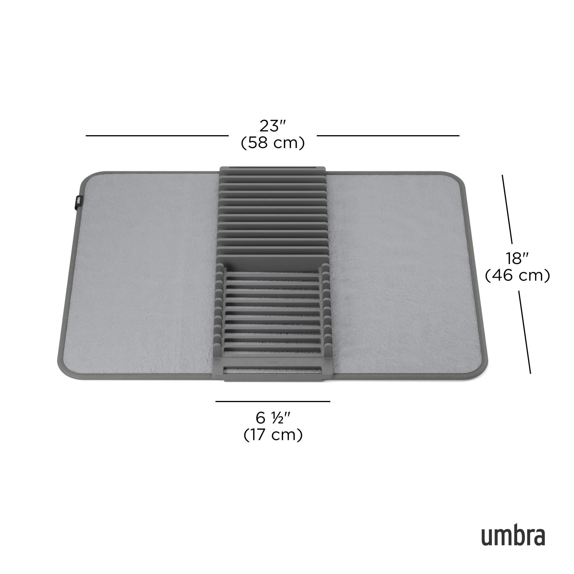 Umbra Udry Dish Rack and Microfiber Drying Mat – Space-Saving Design Folds Up for Easy Storage, Basic Rack, Dark Grey