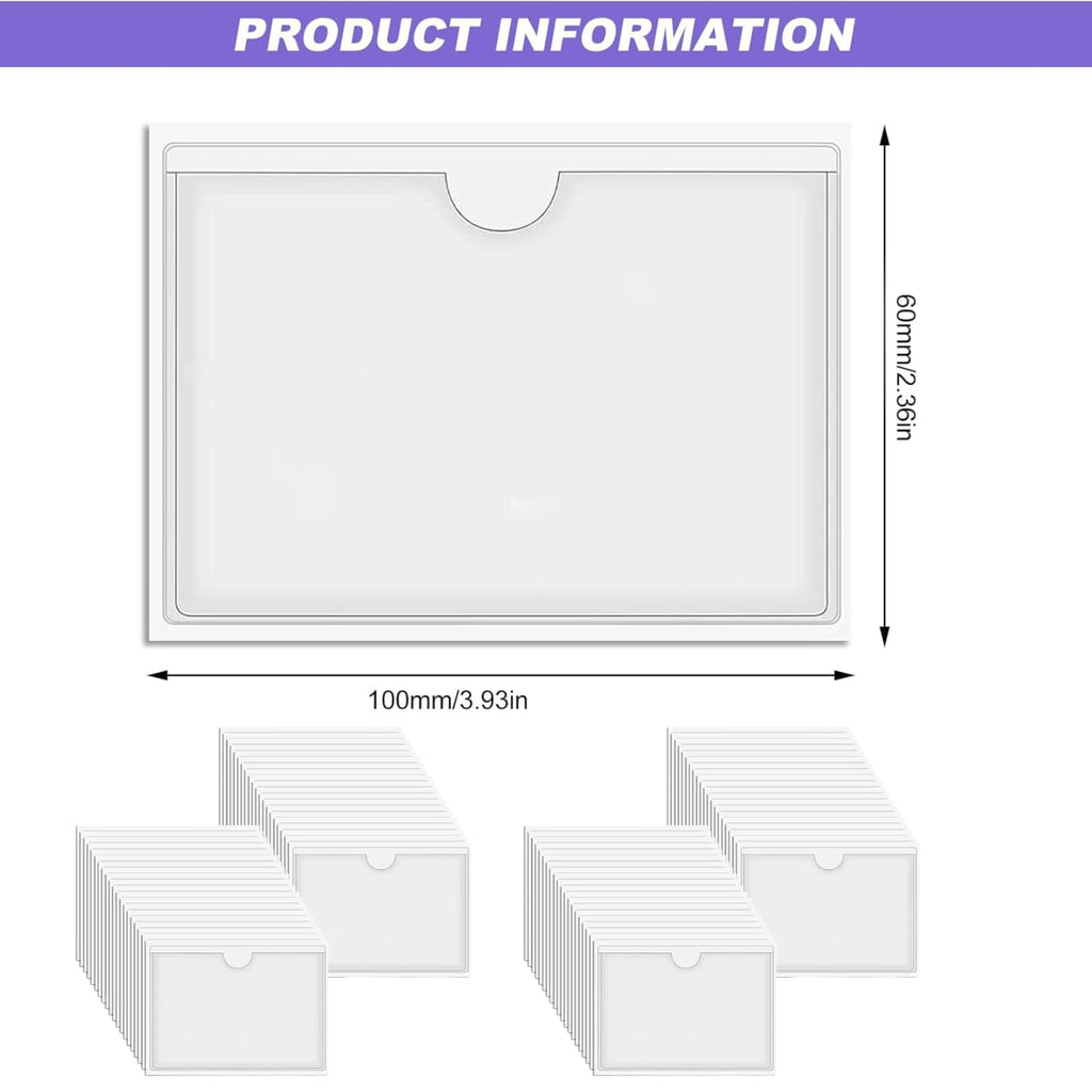 100Pcs Heavy Duty Clear Adhesive Index Card Pockets Holder, 2.36"x3.93"(6x10cm) Top Loading Self Adhesive Label Holders for Storage Bins, Office Home School Organization