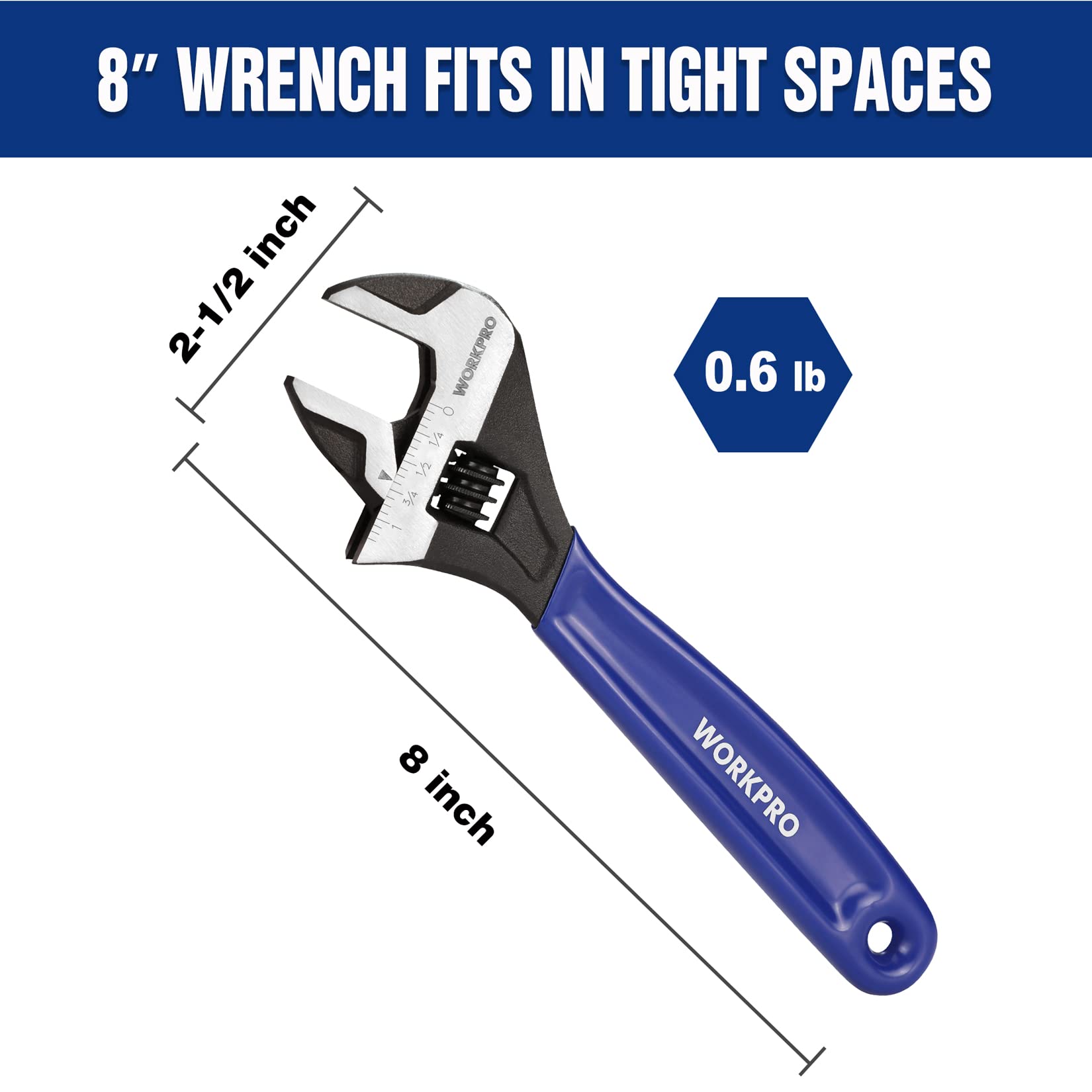 WORKPRO 8-Inch Adjustable Wrench, Cr-V Steel Wrench, Wide Jaw Black Oxide Wrench, Metric & SAE Scales, for Home, Garage, Workshop and DIY - Blue