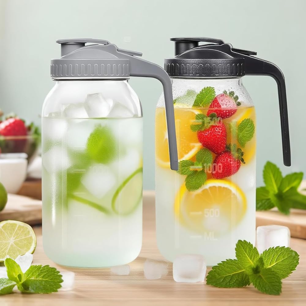 2 Pack 64oz 2 Quart Glass Mason Jar Pitcher Wide Mouth Jug with Lid and Pour Spout Airtight Seal Leak Proof for Iced Tea Milk Juice Cold Beverages Coffe (Black+Gray, 10.2X 4.3inch)