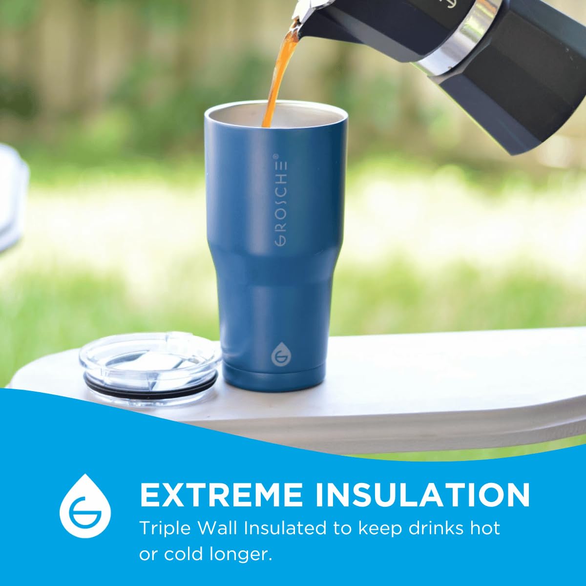 GROSCHE Yukon 20oz Insulated Coffee Mug with Lid Built Tough Travel Coffee Tumbler Mug Stainless Steel Vacuum Insulated Cup - Mountain Blue