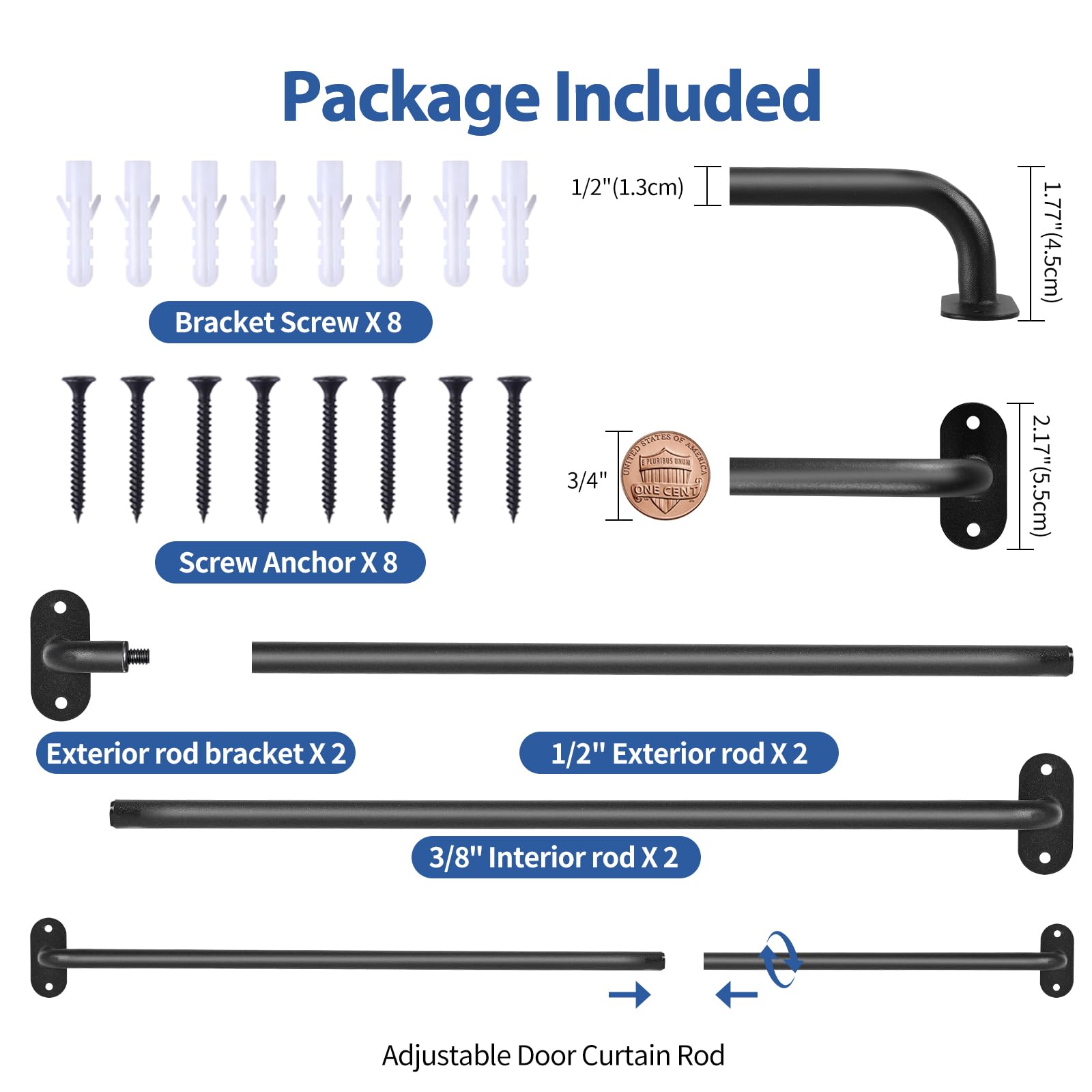 Ruiony French Door Curtain Rod Adjustable 18"-32", Wrap Around Cafe Curtain Rod 1/2" Diameter, Screwed Sash Rods for Door Window, Black, 2 Pack