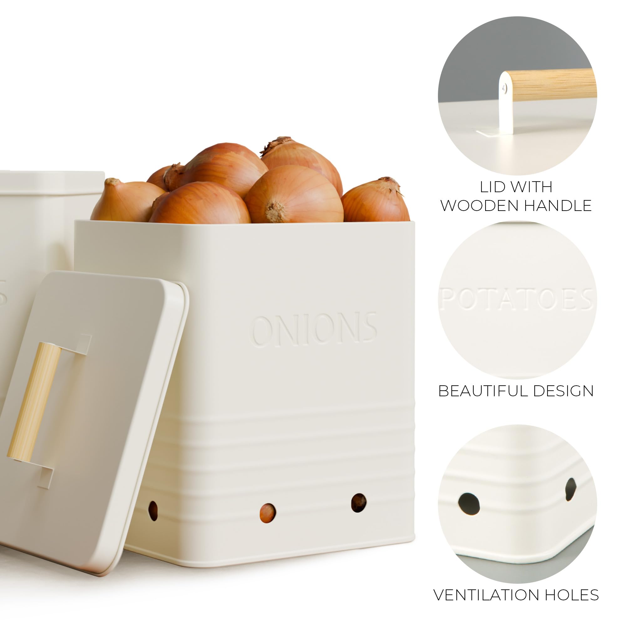 ZICOTO Beautiful Potato Storage Box Set of 2 For Kitchen Countertop - Perfect Storage Containers For Onion, Garlic, Vegetable - Food Safe Metal Holder Bin Set For Fruits