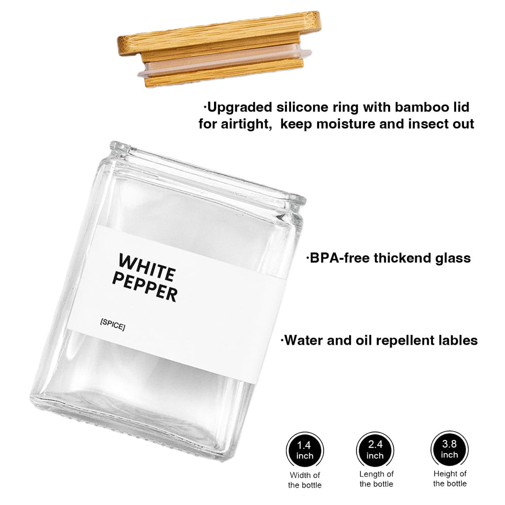 Glass Spice Jars with Bamboo Lid, 4oz Square Spice Containers for Pantry Organization, Seasoning Bottles with Labels, Spoons, Funnel for Salt Sugar