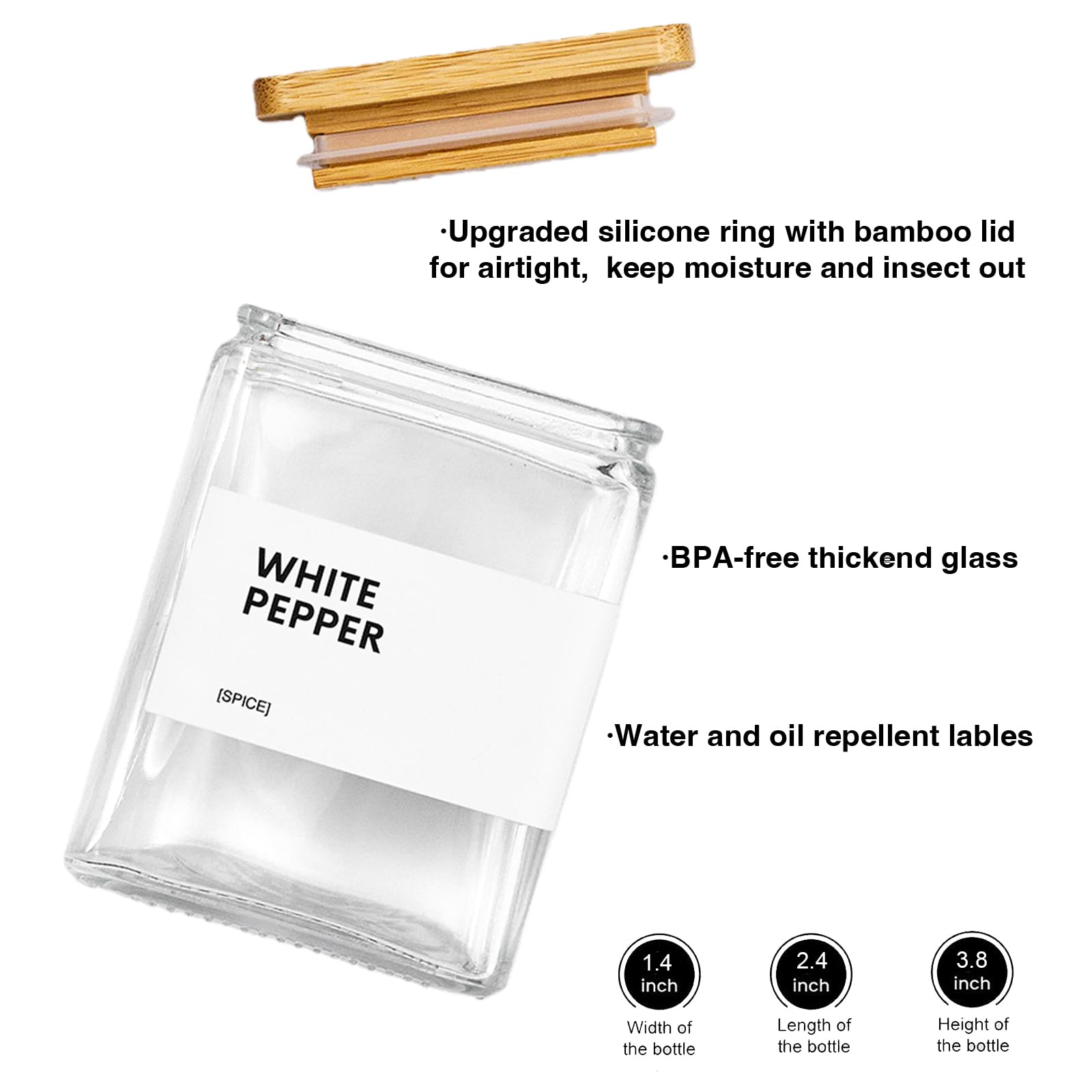 Glass Spice Jars with Bamboo Lid, 4oz Square Spice Containers for Pantry Organization, Seasoning Bottles with Labels, Spoons, Funnel for Salt Sugar