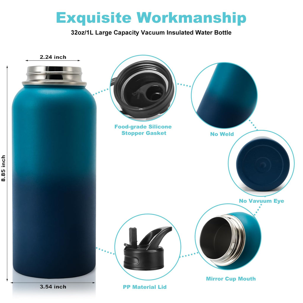 Insulated Water Bottle, 32oz Vacuum Stainless Steel Metal Sports Water Bottles with Stickers, Straw & Spout Lid (2 Lids), Double Walled to Keeps Hot and Cold, Leak Proof, BPA-Free, 32oz (Green Blue)