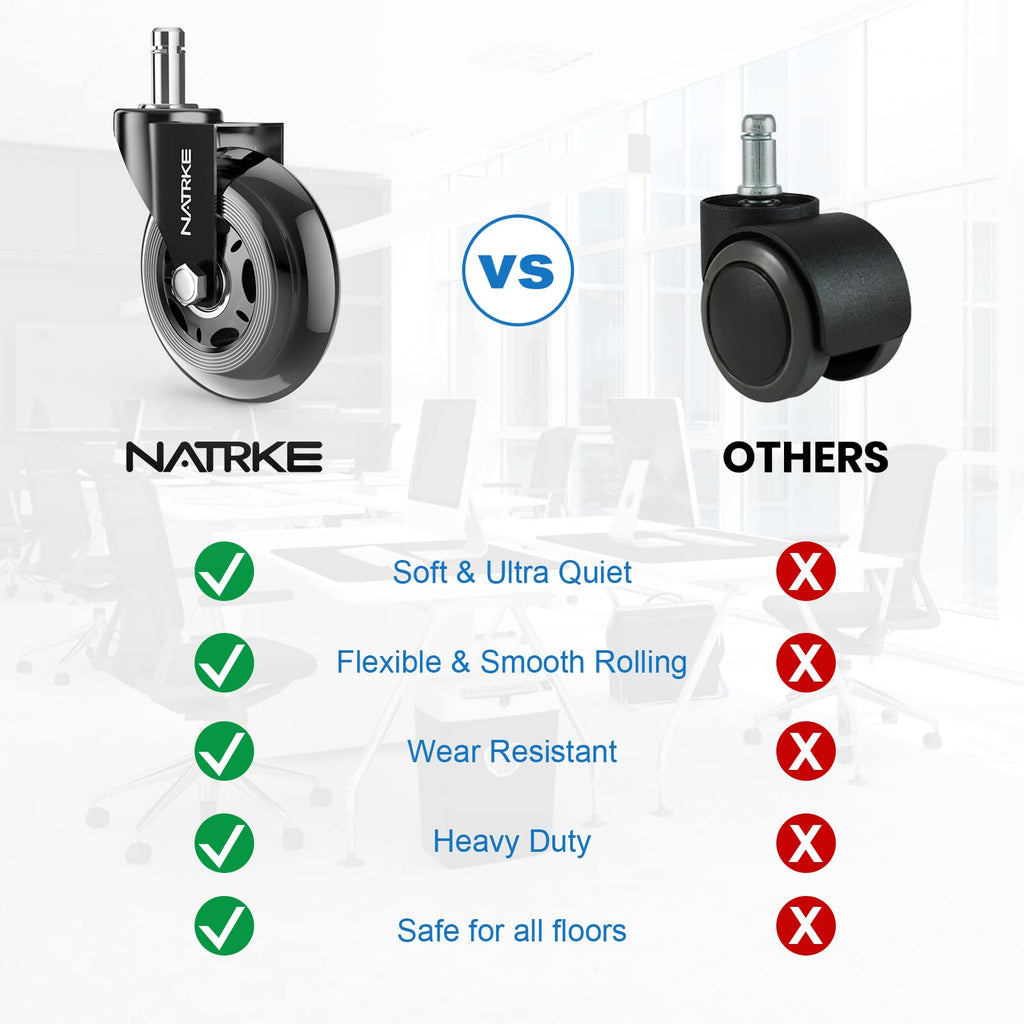 NATRKE Office Chair Wheels Replacement, 3 Inch Rubber Casters for Swivel Chairs, 11mm x 22mm Stem Universal Fit for Hardwood Floors & Carpet, Heavy Duty 5-Pack, Supports 661 lbs (300 kg)