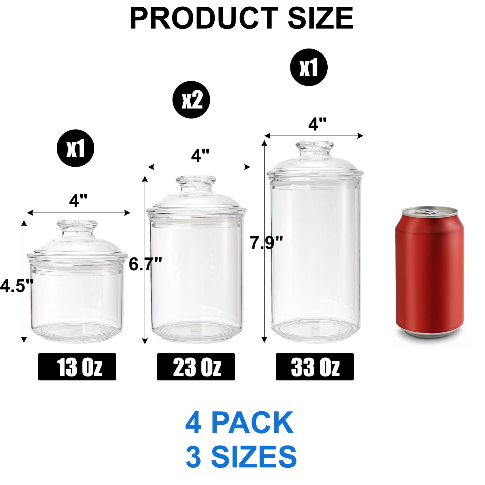 DEAYOU 4 Pack Clear Plastic Apothecary Jars, Plastic Storage Jar Canister with Airtight Lid, Cotton Qtip Holder Bathroom, Candy Cookie Container Organizer for Bath Salt, Pad, Vanity,33 Oz/23 Oz/13 Oz