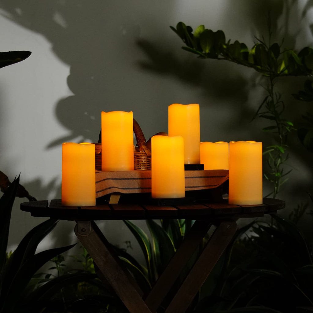 AMAGIC Outdoor Waterproof Flameless Candles Flickering, Fake LED Pillar Candles, Battery Operated Candles with Remote Control and Timer, Ivory, Set of 2, 3" x 6"