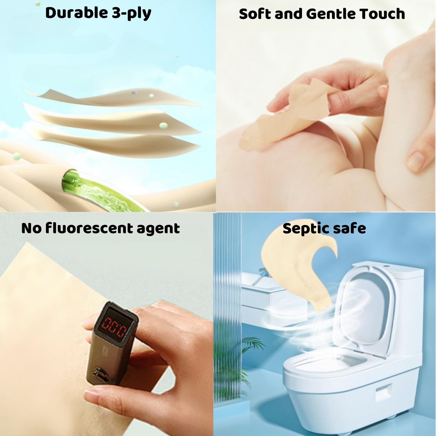 QingYa Premium Bamboo Toilet Paper 12 Mega Rolls, 3 ply, Septic Safe,Plastic-Free,Unbleached Brown,Tree-Free,Soft and Absorbent,Bathroom Tissue Rolls