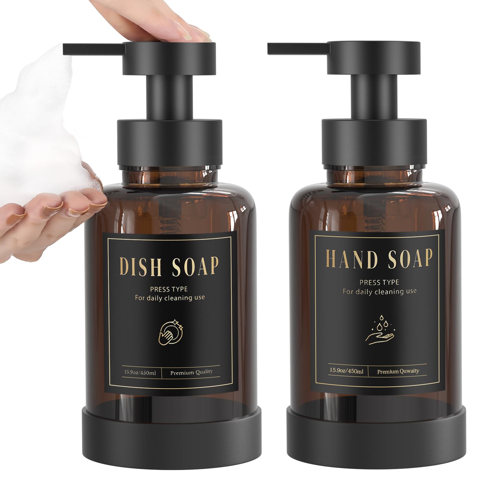 Luxspire Foaming Soap Dispenser, Glass Foam Pump Soap Dispenser, Non-Slip Hand Soap Dispenser with 5 Waterproof Labels, 15 Oz Refillable Liquid Soap Dispenser for Bathroom & Kitchen, Amber, 2 Pack