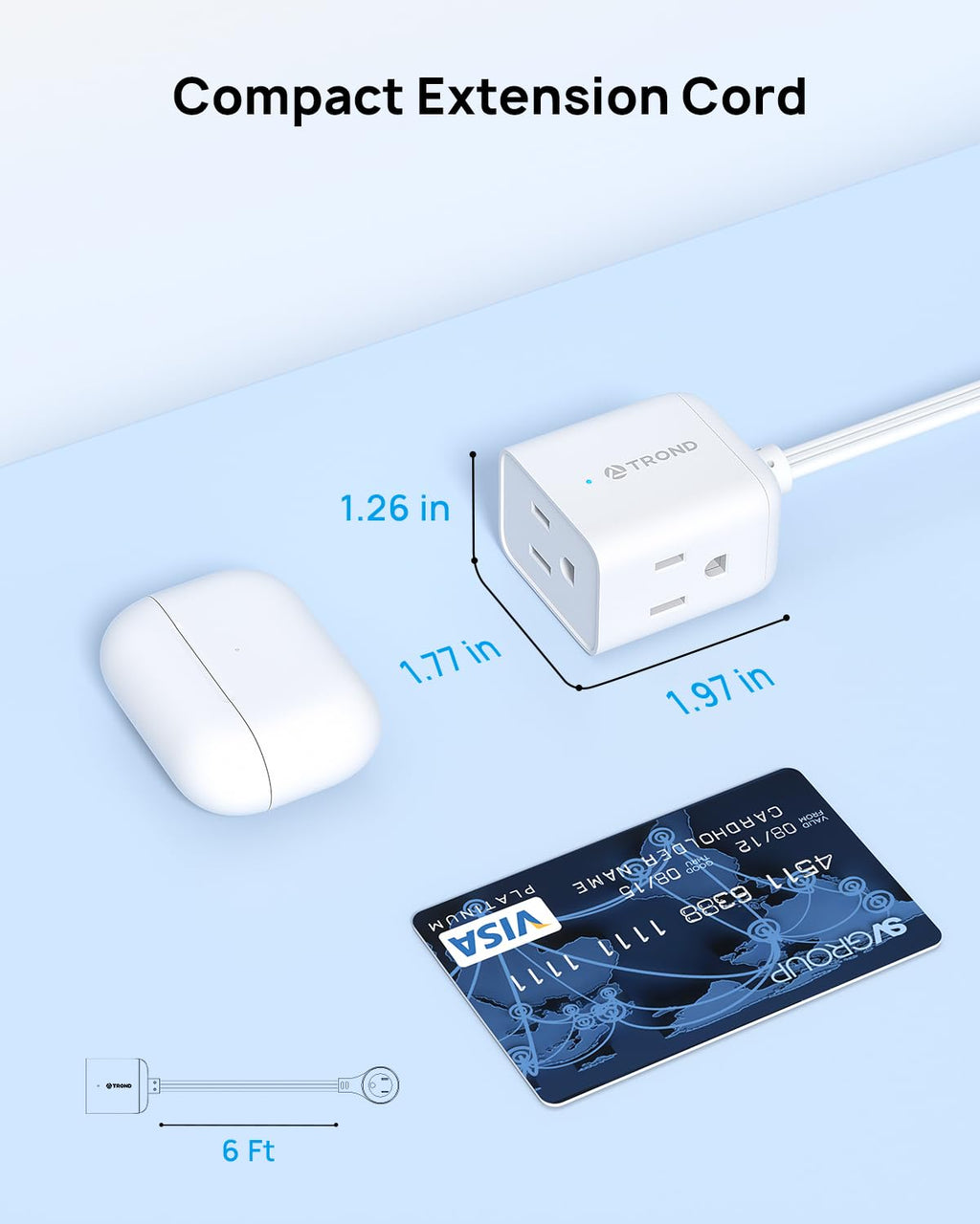 TROND 6ft Flat Extension Cord Indoor, 360° Rotating Plug Power Bar, 3 Way Outlets Extender, 13 Amps, 1625W, Small Flexible SPT 16/3 Cable Splitter for Hotel Cruise Ship Travel Essentials, White