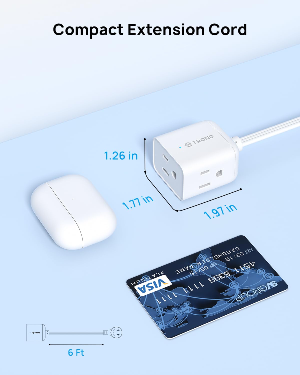 TROND 6ft Flat Extension Cord Indoor, 360° Rotating Plug Power Bar, 3 Way Outlets Extender, 13 Amps, 1625W, Small Flexible SPT 16/3 Cable Splitter for Hotel Cruise Ship Travel Essentials, White