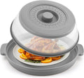 Oillase gray Microwave Splatter Cover for Food with Anti-scald Base Plate,Large Plastic & Silicone Vented Avoid Scalding Collapsible Guard Lid, Plate Holder & Kitchen Colander for Meal Prep-10.7 Inch