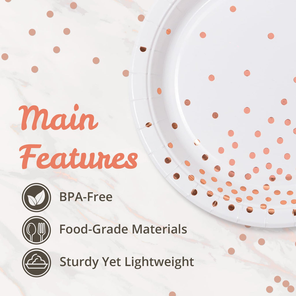 MATICAN 50-Pack Disposable Paper Plates - Elegant White & Rose Gold Foil Polka Dots, 9-Inch