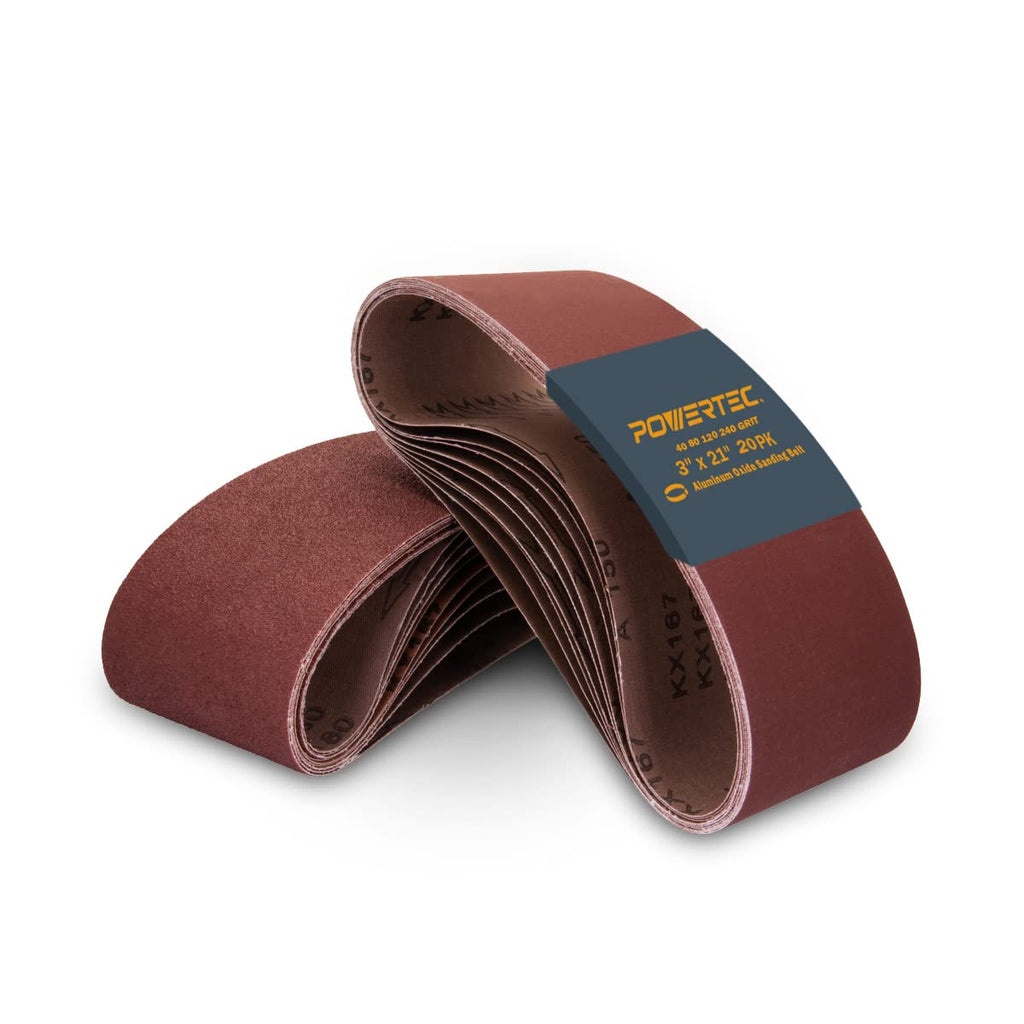 POWERTEC 3 x 21 Inch Sanding Belts, 20PK, 5 Each of 40/80/120/240 Grits Aluminum Oxide Sandpaper, 3x21 Sanding Belt for Portable Belt Sander, Woodworking, Paint Sanding, Metalworking (11043-2)