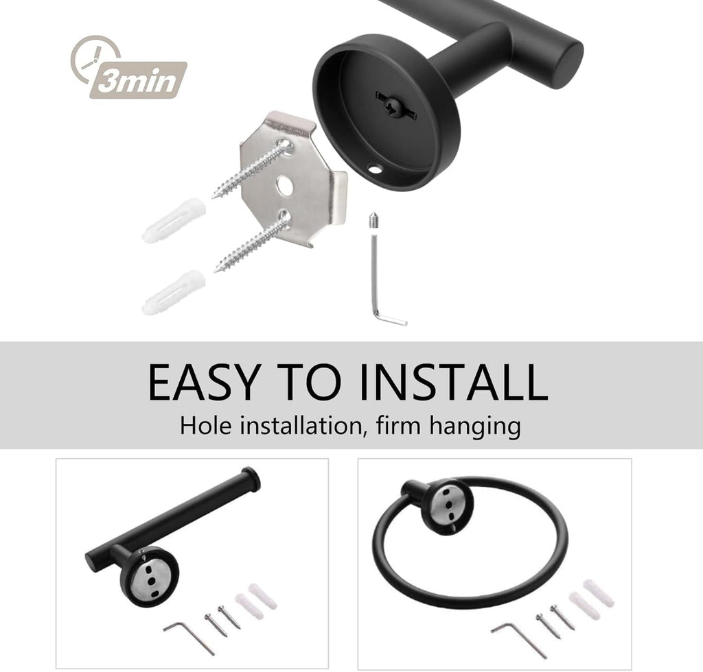 AMMIY Toilet Paper Holder Hand Towel Ring, Stainless Steel Tissue Paper Roll Holder Dispenser Wall Mount Bathroom Hardware Accessories 2 Pieces Set, Matte Black