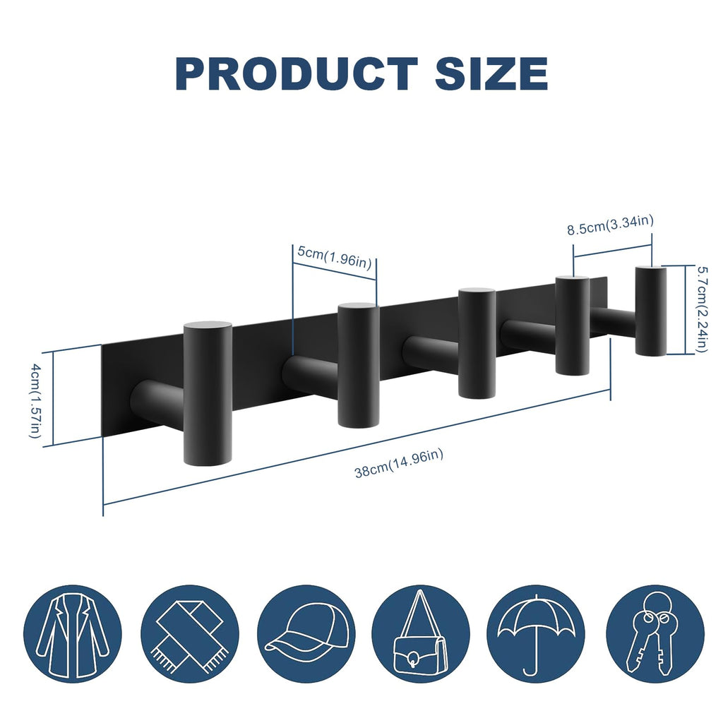PMMASTO Coat Rack Wall Mount, T Shaped Wall Hooks with 5 Coat Hooks for Hanging Hat Towel Robes(Black, 1 Pack)