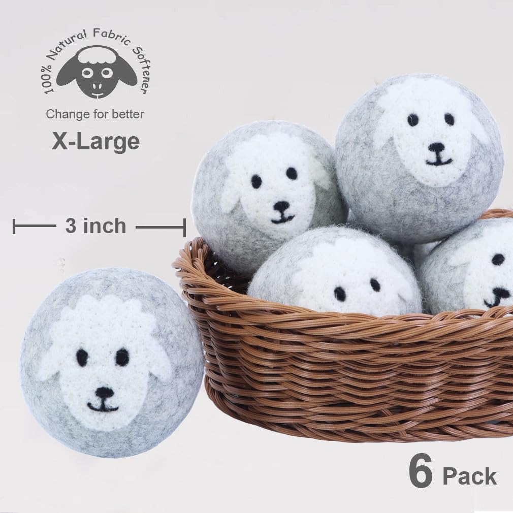 Budieggs Wool Dryer Balls Organic XL 6-Pack, 100% New Zealand Chemical Free Fabric Softener for 1000+ Loads, Baby Safe & Hypoallergenic, Reduce Wrinkles & Shorten Drying Time (Grey Sheep-6pcs)