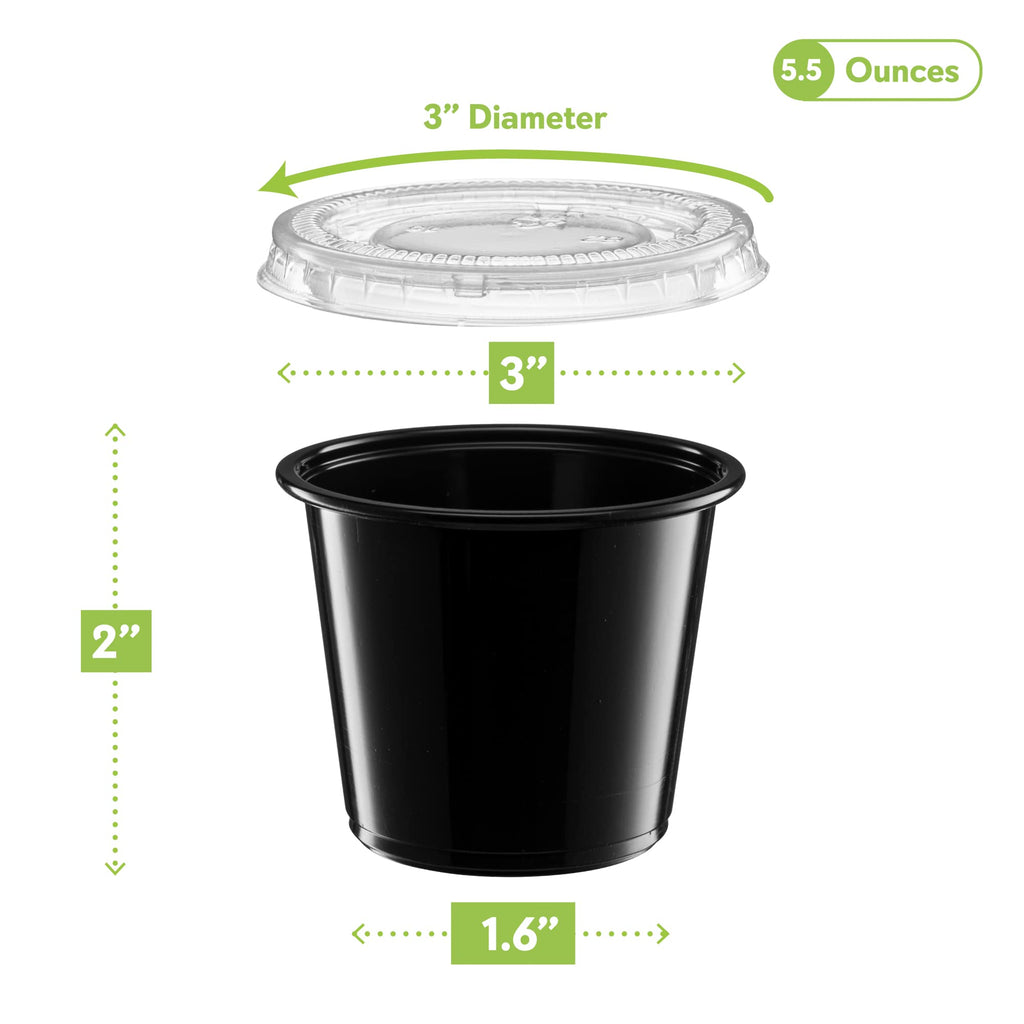 (5 oz - 100 Sets) Black Diposable Plastic Portion Cups With Lids, Small Mini Containers For Portion Controll, Jello Shots, Meal Prep, Sauce Cups, Slime, Condiments, Medicine, Disposable Souffle Cups