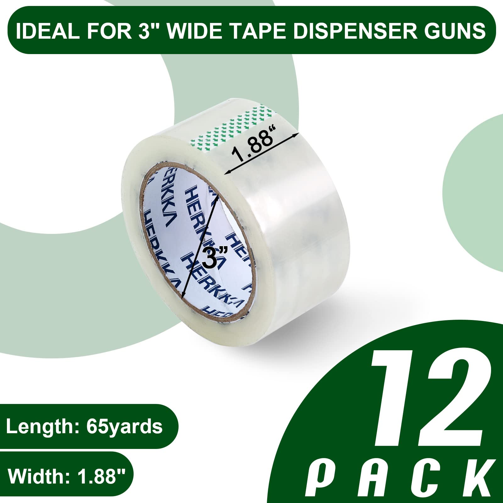 Clear Packing Tape, HERKKA 12 Rolls Heavy Duty Packaging Tape for Shipping Packaging Moving Sealing, Thicker Clear Packing Tape, 1.88 inches Wide, 65 Yards Per Roll, 780 Total Yards