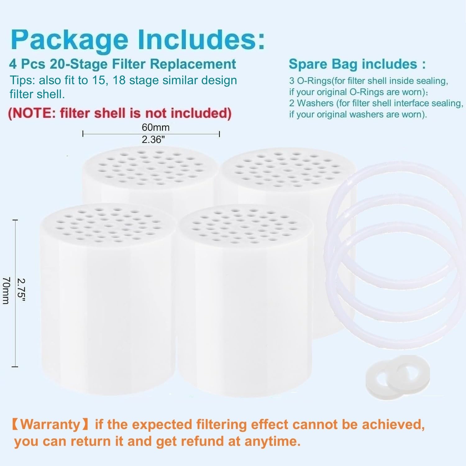 4 Pc Luxau 20 Stage(Also Fit 15, 18 Stage) Shower Filter Replacement Cartridge, Shower Head Filter Refill, for Hard Water Chlorine Heavy Metal, Skin Hair, Fit Any Similar Design Shower Water Filter