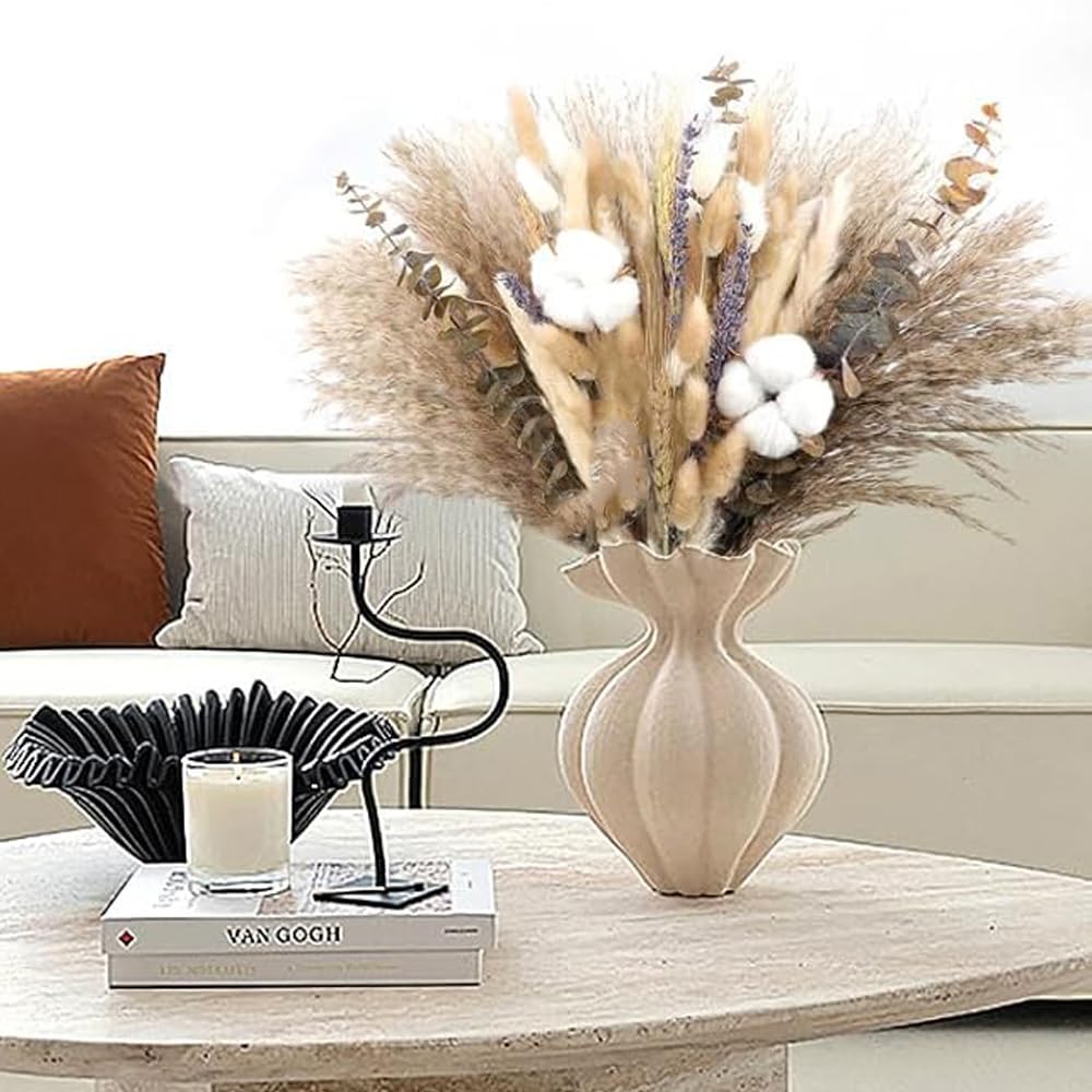 Natural Dried Flower Bouquet - Pampas Grass, Cotton Stems, Bunny Tails, Eucalyptus, Lavender & Wheat - Rustic Boho Decor for Home, Fall Decorations for Home, Wedding, or Gift