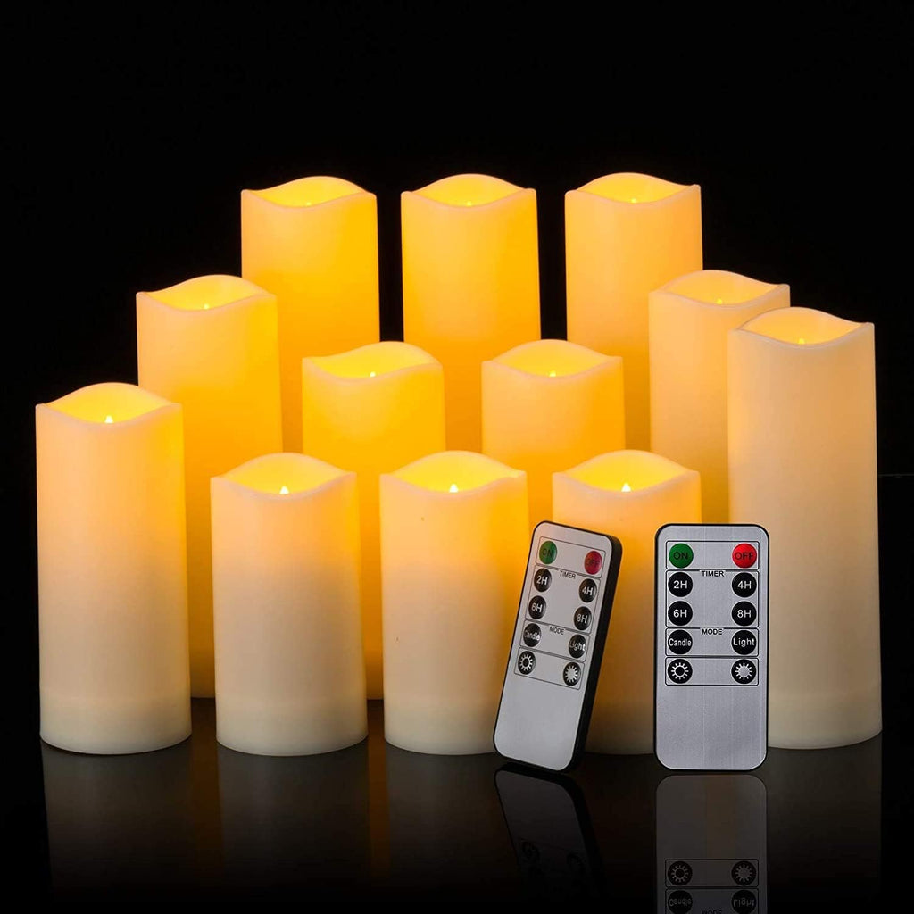 Flameless Candles, Led Candles Set of 12(D 2.1" X H 4" 5" 6" 7") Resin Candles with Remote Timer Waterproof Outdoor Indoor Candles (Made of Plastic)
