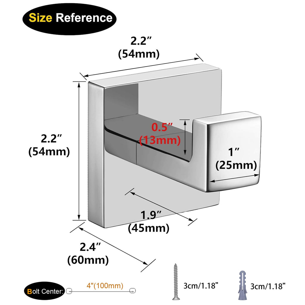 Nolimas Bath Towel Hook SUS 304 Stainless Steel Square Clothes Towel Coat Robe Hook Cabinet Closet Door Sponges Hanger for Bath Kitchen Garage Heavy Duty Wall Mounted, Chrome Polished Finish,4Pack