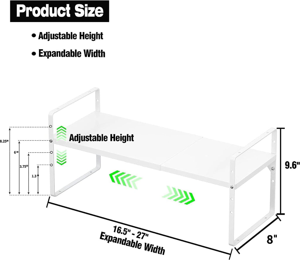 DPZM 1Pcs Expandable Cabinet Shelf,Stackable&Adjustable Cupboard Shelf,L16.5-27'' x W8'' Spice Rack,Spice Organizer, White Cabinet Shelf Organizer for Kitchen Office Bathroom