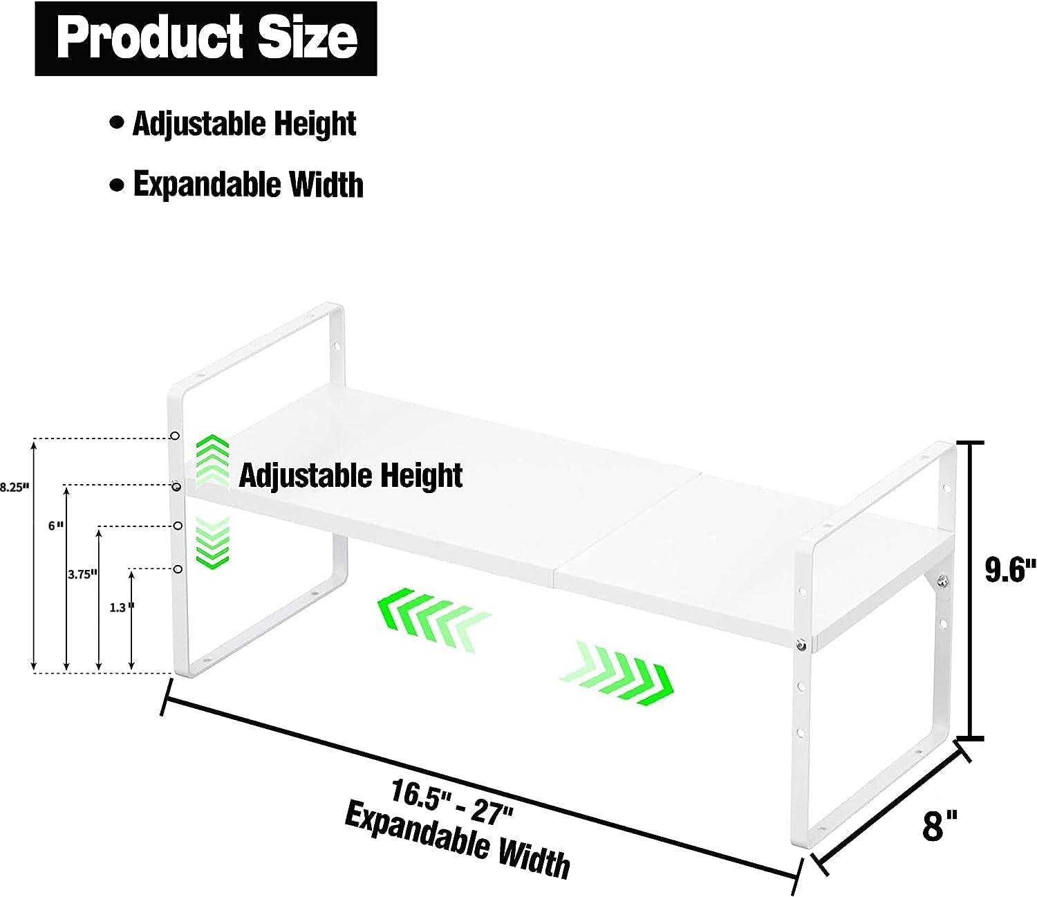 DPZM 1Pcs Expandable Cabinet Shelf,Stackable&Adjustable Cupboard Shelf,L16.5-27'' x W8'' Spice Rack,Spice Organizer, White Cabinet Shelf Organizer for Kitchen Office Bathroom