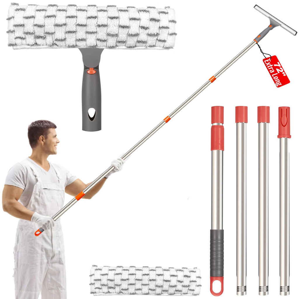 Window Squeegee Kit - 12" Squeegee & Microfiber Scrubber, 2 Reusable Pads, 72 Inch Long Handle,Streak-Free for Indoor Outdoor Home Glass Patio Door Car RV Spring Cleaning Tool