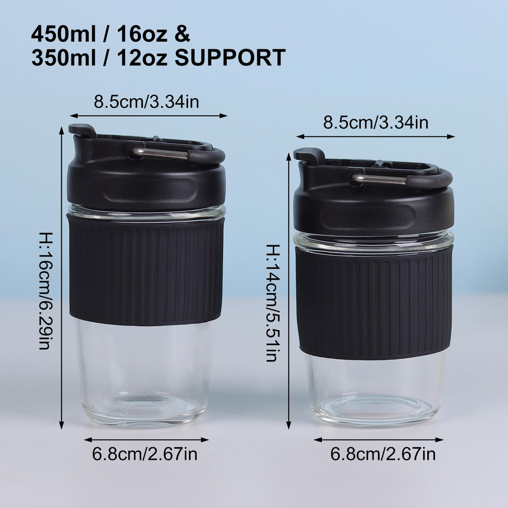Sivaphe Reusable Glass Coffee Cup 16 oz, Portable Travel Mug with Spill-Proof Lid and Protect Sleeve for Home Office Black