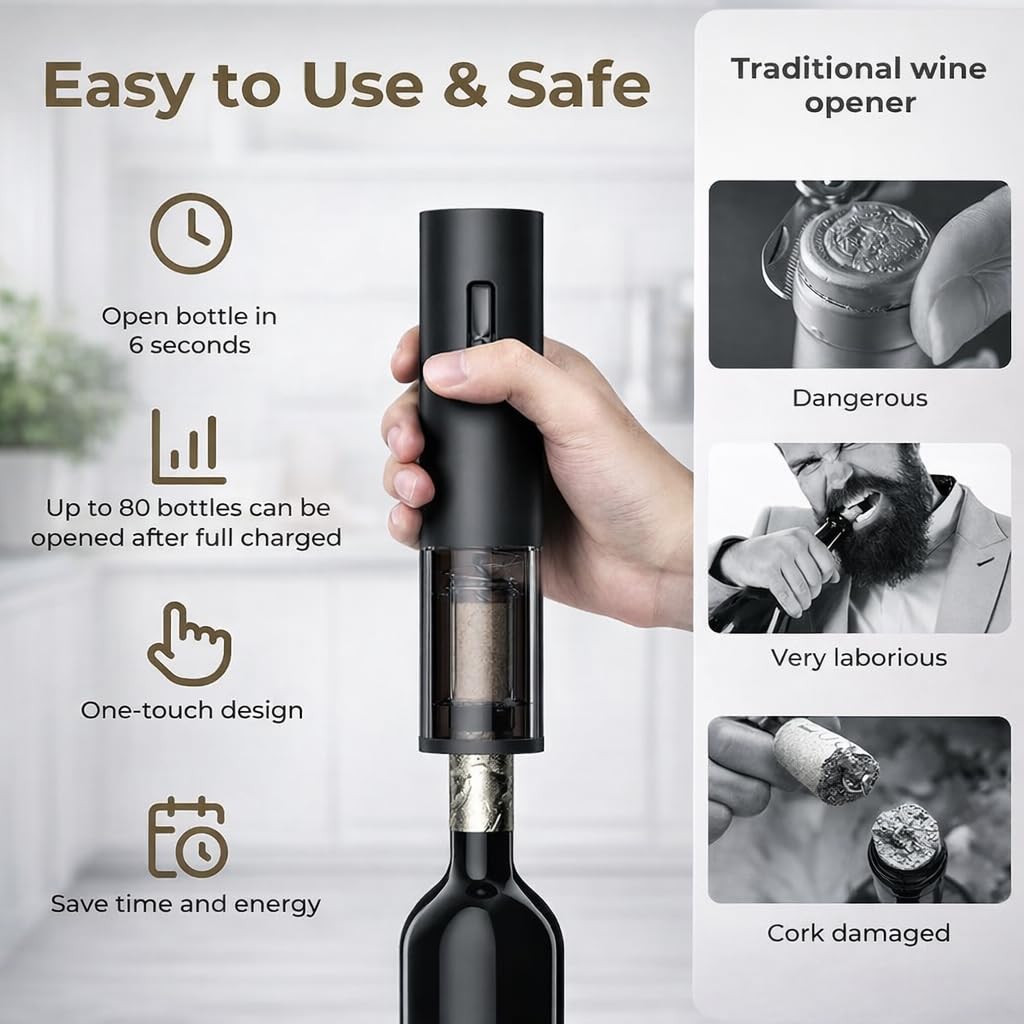 BLUEALCHEMY Electric Wine Opener – Rechargeable Cordless Automatic Wine Bottle Opener with One-Touch Cork Removal, Perfect for Home, Kitchen, Bar & Gift for Men