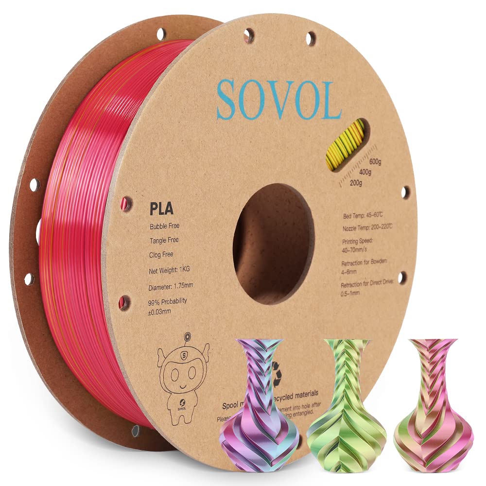 Sovol PLA Filament Silk Tri Color Co-Extrusion 1.75mm, 3D Printer Filament 1kg/ 2.2lbs, Shiny Silk Rose Blue Yellow 3 in 1 Coextrusion PLA Material +/-0.03mm