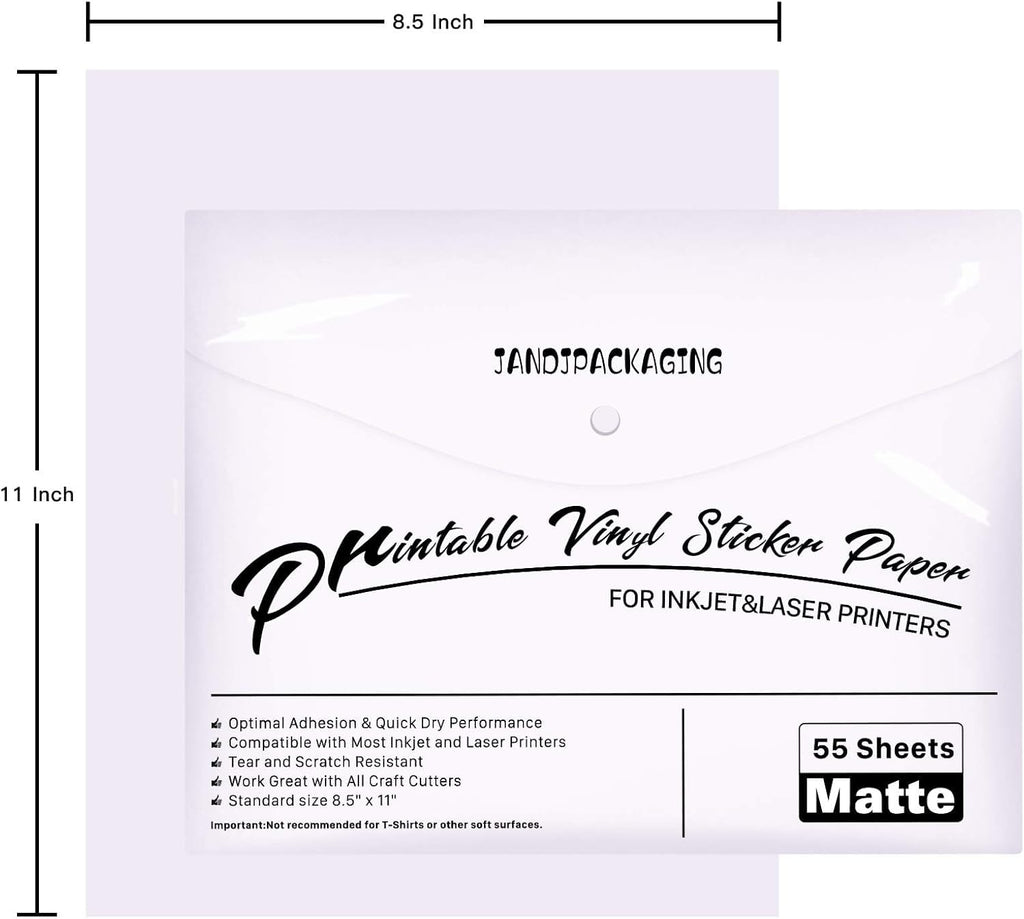 Printable Vinyl for Inkjet Printer - 55 Pack Matte White Printable Vinyl Sticker Paper Dries Quickly Vivid Colors, Holds Ink Well, Tear Resistant, Inkjet & Laser Printer by JANDJPACKAGING