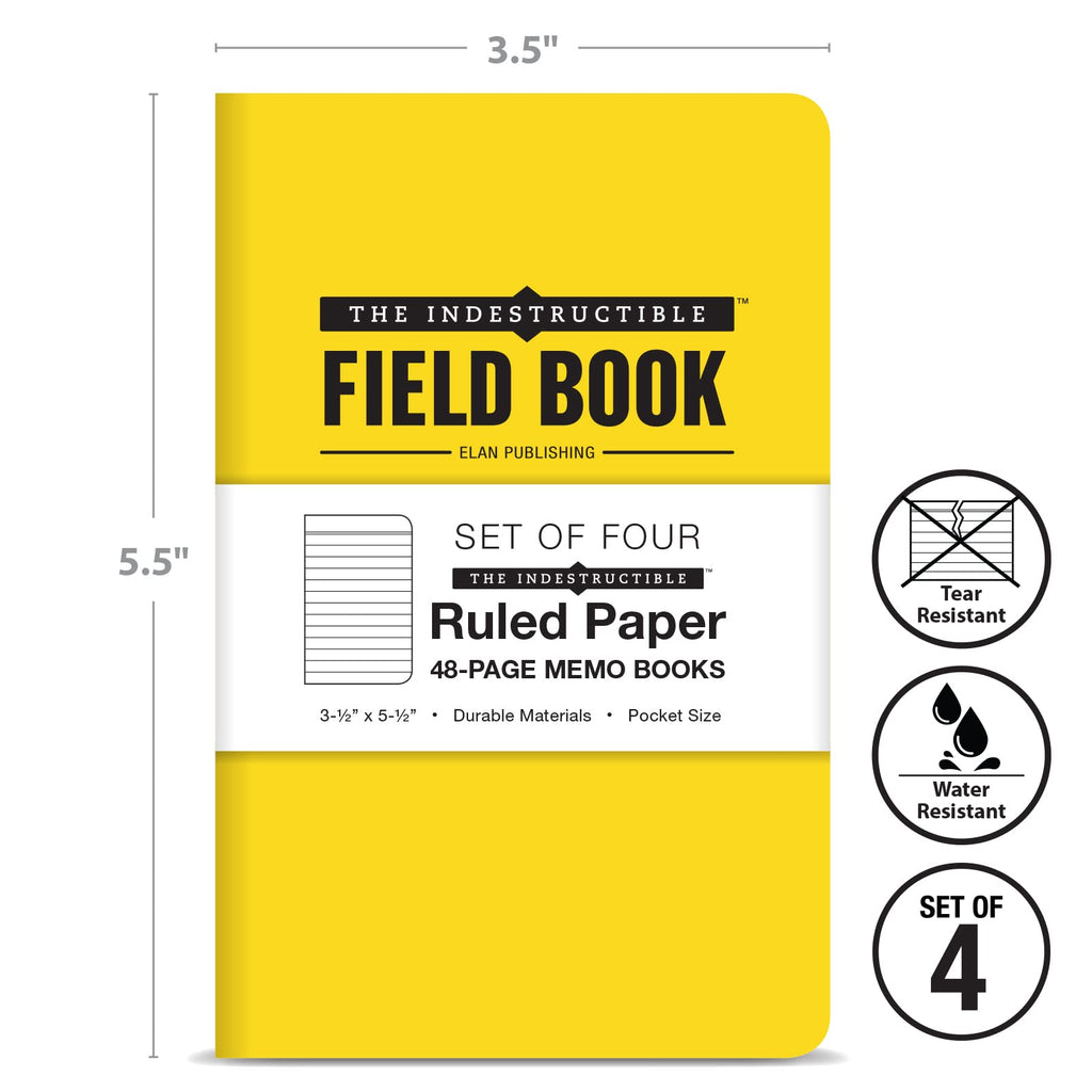 Elan Publishing Company Indestructible Field Notebook/Pocket Journal - 3.5"x5.5" - Yellow Cover - Lined Memo Book - Pack of 4