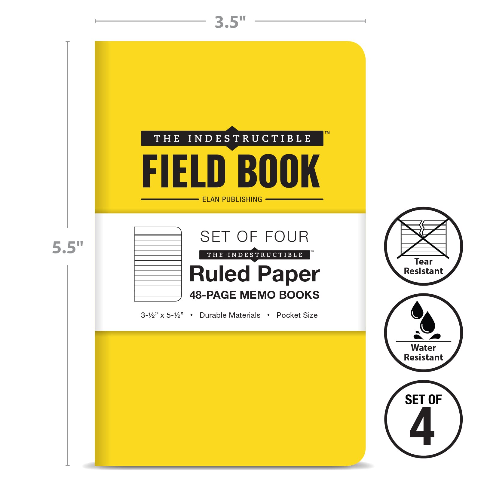 Elan Publishing Company Indestructible Field Notebook/Pocket Journal - 3.5"x5.5" - Yellow Cover - Lined Memo Book - Pack of 4